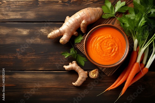 composition with delicious carrot soup and fresh ginger, carrot and ginger top view, delicious carrot soup and fresh ginger on a wooden table, croutons and fresh ginger