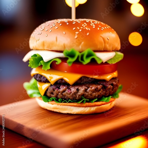 Delicious burger with melted cheese and a thick juicy minced beef patty, garnished with lettuce and tomatoes on a sesame seed bun. The image was created using generative AI.