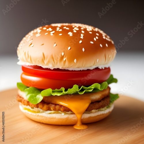 Delicious burger with melted cheese and a thick juicy minced beef patty  garnished with lettuce and tomatoes on a sesame seed bun. The image was created using generative AI.