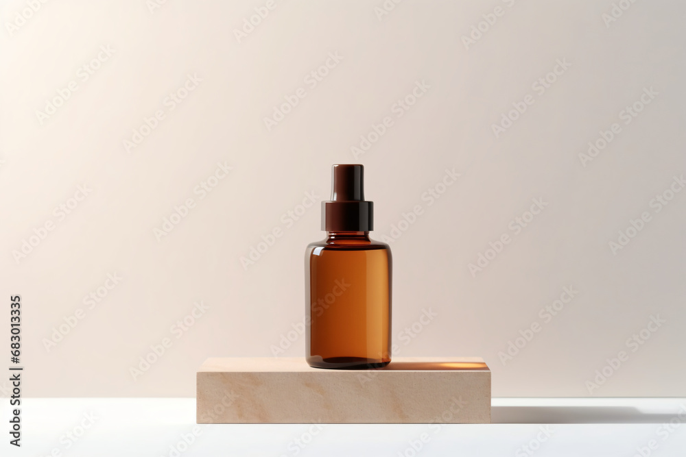 Cosmetic glass bottle on a podium template Cosmetic glass bottle on a podium template
