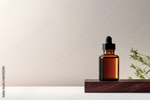 Brown glass bottle on a wooden podium 