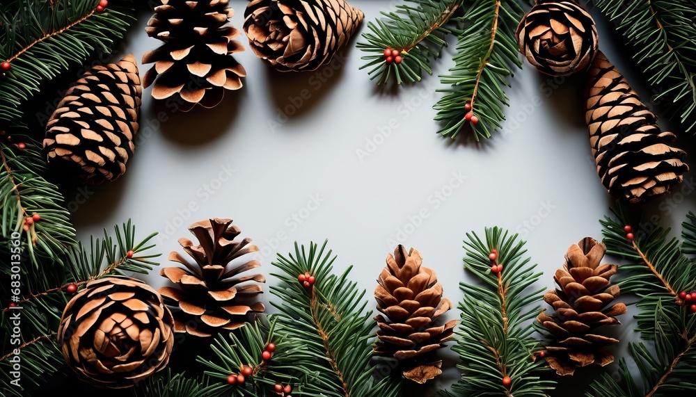 overhead view on spuce and thuja branches with cones, Christmas background