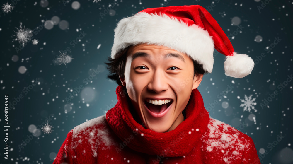 Asian guy in red santa claus cap, portrait, smile, empty space. The guy is ready for the New Year or Christmas. Asian, Chinese or Korean