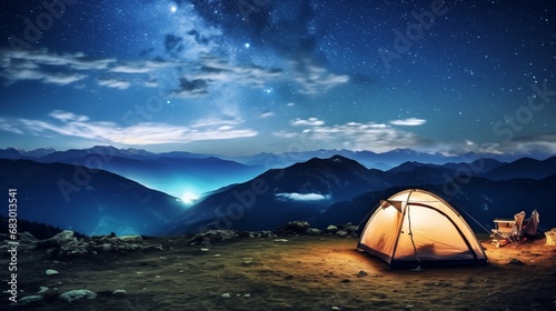 Camping in wild northern mountains with an illuminated tent viewing a spectacular stars, Milky Way. Travel adventure landscape background