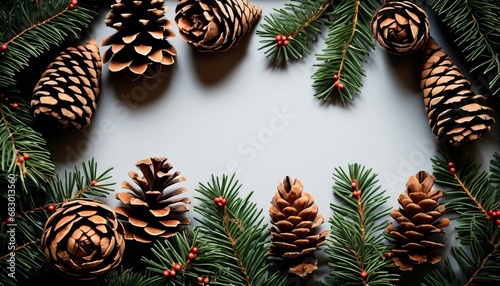 Obraz na płótnie overhead view on spuce and thuja branches with cones, Christmas background w salonie