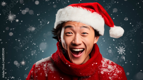 Asian guy in red santa claus cap, portrait, smile, empty space. The guy is ready for the New Year or Christmas. Asian, Chinese or Korean