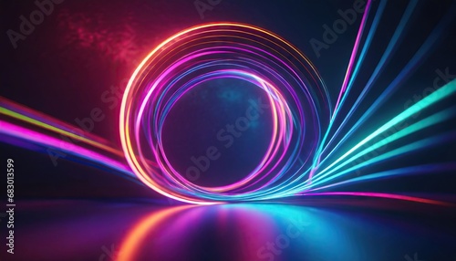 3D rendering abstract shape glowing in ultraviolet spectrum with curvy neon lines on a colorful background photo