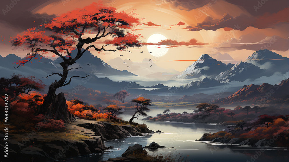 landscape illustration with mountains, sunset, lake, tree