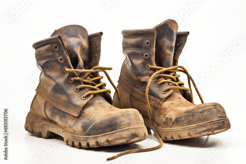 Muddy walking boots isolated on white background