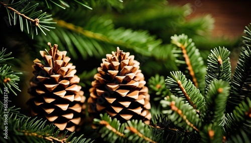 overhead view on spuce and thuja branches with cones, Christmas background