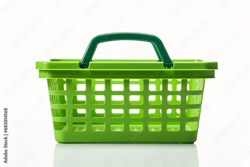 Fototapeta premium Green shopping basket on white background
