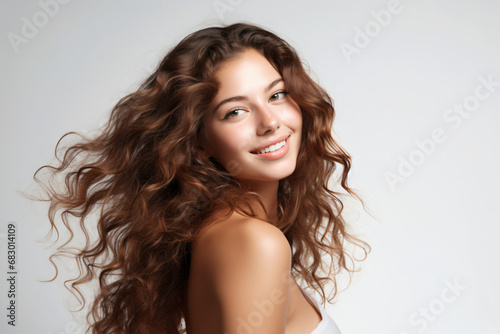 Female model with healthy wavy hair for advert on white background