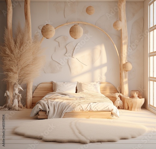 Stylish bedroom with artistic elements and natural textures, creating a unique and inviting atmosphere photo