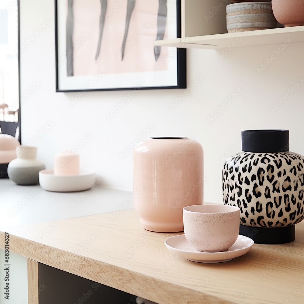 Modern pink and black tableware displayed on a wooden bench, integrating style and function Modern pink and black tableware displayed on a wooden bench, integrating style and function
