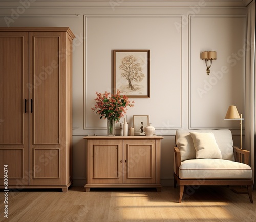 Warm classic interior of a living room featuring wood furniture and vibrant blooming flowers arrangement