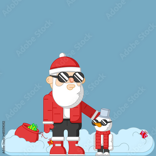 Vector illustration in cartoon style. Stylish Santa Claus and a snowman against the backdrop of snowdrifts with scattered gifts and the bag from which they fell.