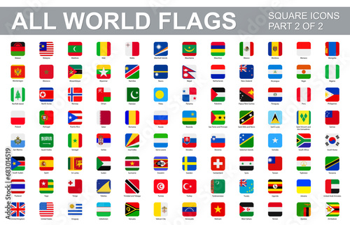 All world flags - vector set of square icons. Part 2 of 2