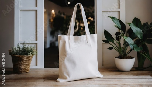 Blank canvas tote bag mockup in white eco friendly design with copy space photo