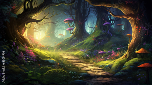 A Whimsical Journey through a Fairytale Forest with Enchanted Creatures and Mystical Landscapes