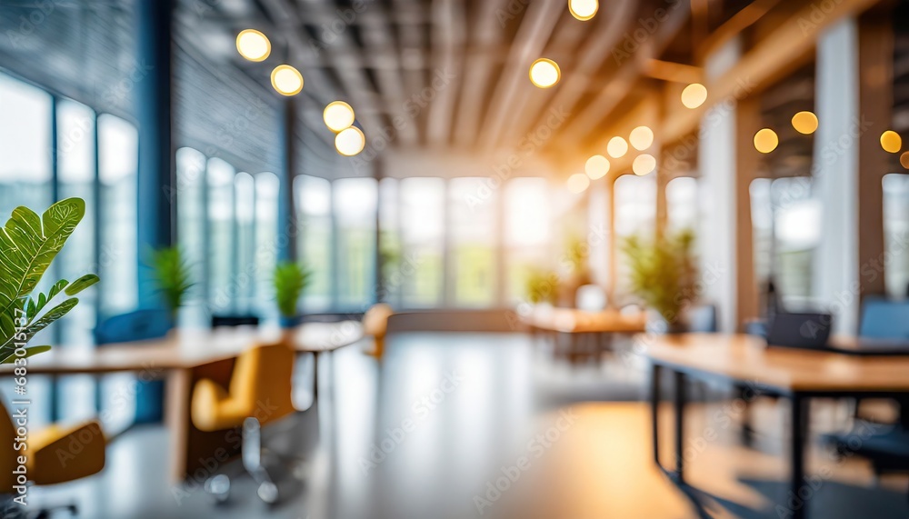 Fototapeta premium Blurred empty open space office. Design background with abstract light bokeh at office interior