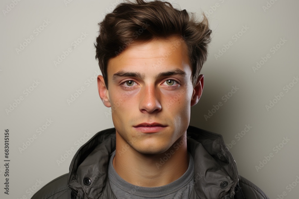 Fototapeta premium A determined man in a stylish jacket confidently looks directly at the camera. Passport photo European brunette man