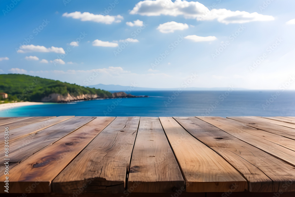 Island Horizon, Wooden Table by the Sea and Blue Sky