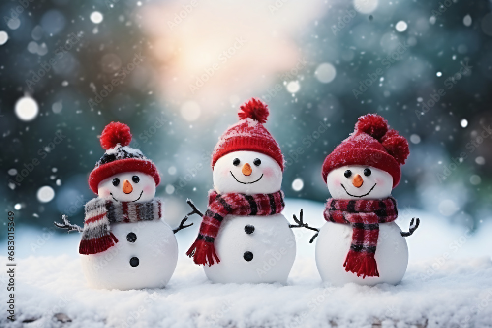 Three cute snowmen in a Christmas landscape, winter background