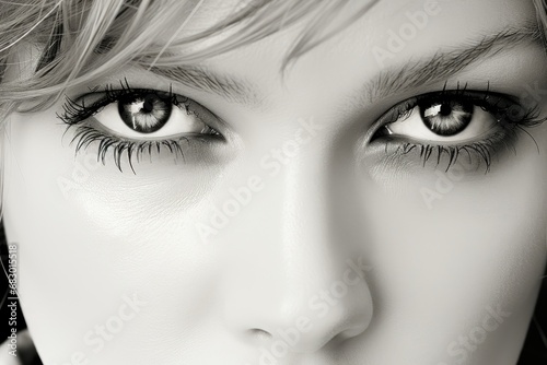 A captivating black and white photograph featuring the detailed close-up of a womans eyes.