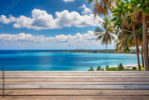 Seaside View, Wooden Table by the Blue Sea and Sky