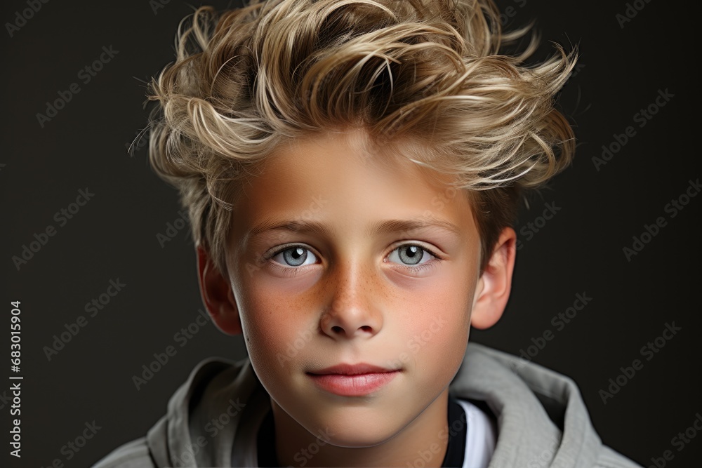 A photo capturing a young boy with disheveled hair and striking blue eyes. A photo capturing a young boy with disheveled hair and striking blue eyes.