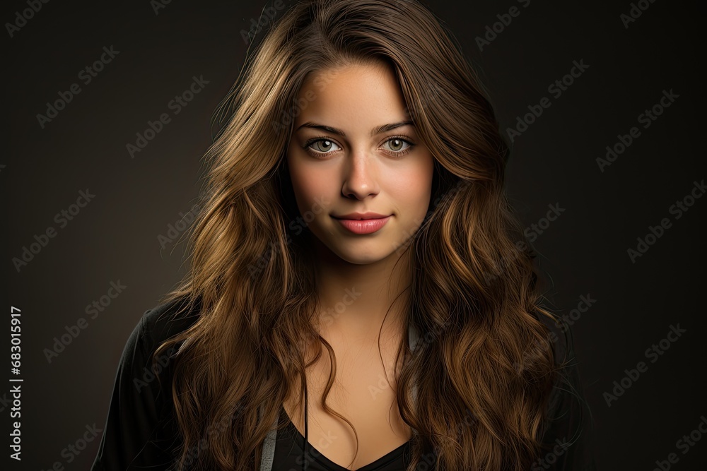 A woman with flowing long hair wearing a black shirt stands confidently, her hair gently blowing in the wind.