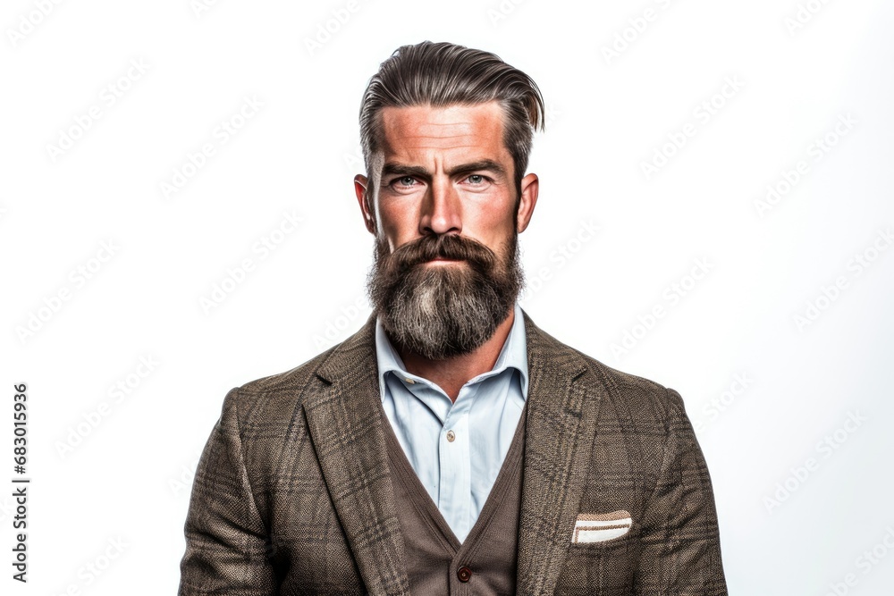 A professional man with a beard confidently poses in a classic suit. A professional man with a beard confidently poses in a classic suit.