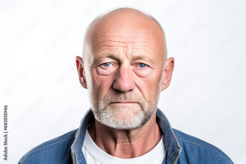 A man with a completely bald head wearing a blue shirt poses for the camera. A man with a completely bald head wearing a blue shirt poses for the camera.