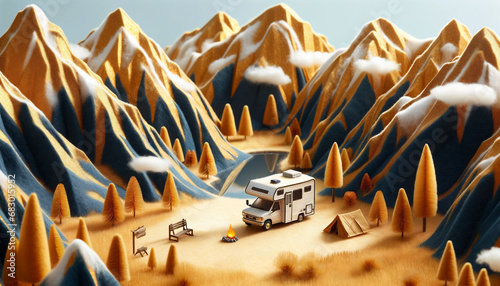 Generative AI-generated depiction of a charming miniature campsite with an RV, tent, and campfire nestled among golden mountain peaks and pine trees with puffy clouds. Set made in felt material photo