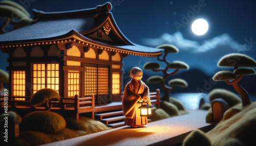 Generative AI image of a serene Japanese temple and contemplative figure under the moonlit sky, surrounded by bonsai trees. Set made in felt material photo