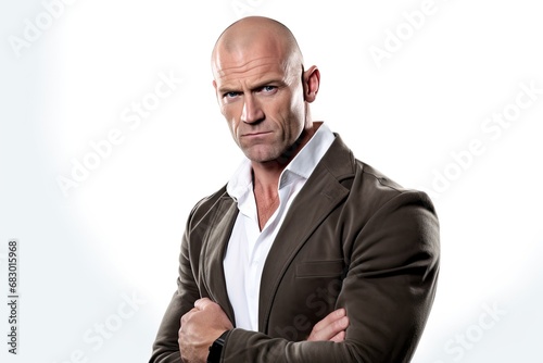 A bald man wearing a brown jacket strikes a pose for a photograph.