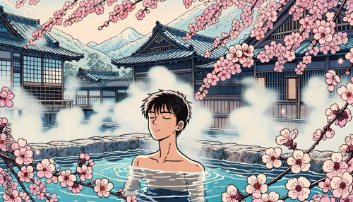 Animated character relaxing in a hot spring with cherry blossoms. Generative AI photo