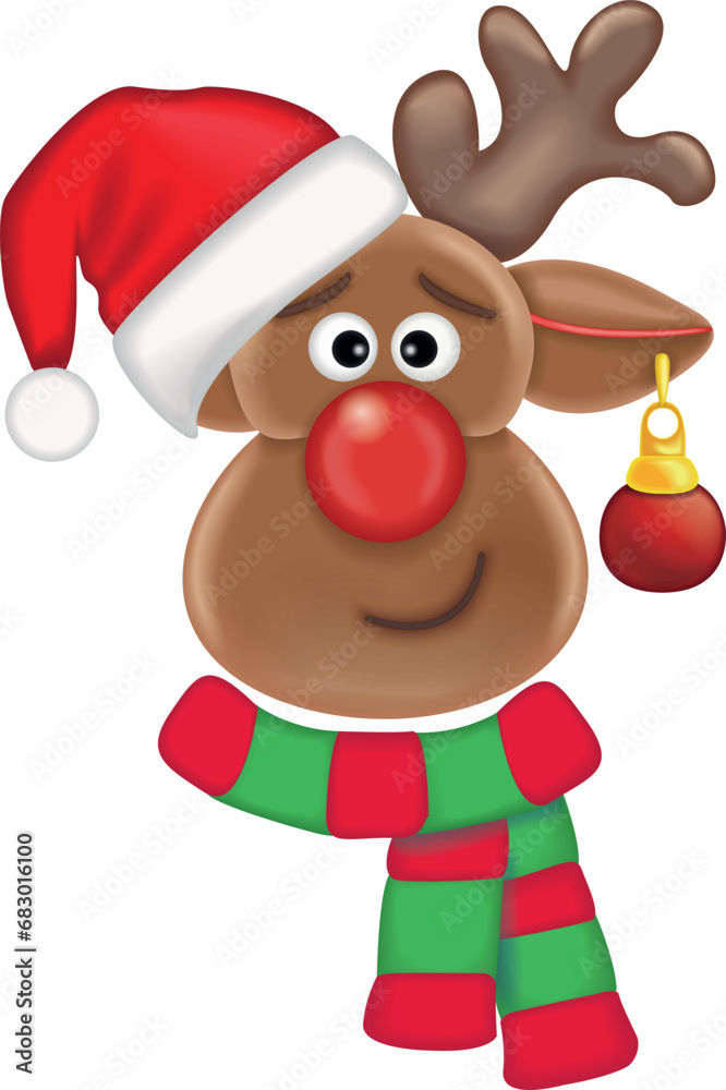 deer with a New Year's ball wearing a Santa Claus hat and scarf deer with a New Year's ball wearing a Santa Claus hat and scarf