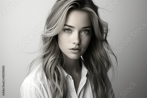 A striking black and white photograph capturing a woman with flowing long hair.