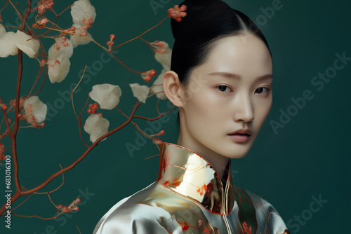 Generative AI image of an elegant asian fashion model with floral backdrop photo