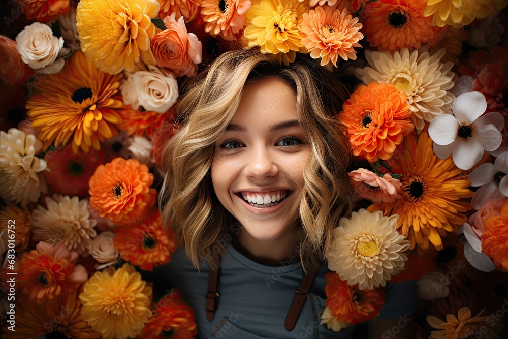 A woman stands with a smile in front of a vibrant bunch of flowers.