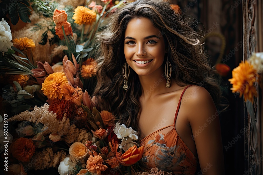 A stunning woman with a bouquet of flowers in her hands, showcasing their vibrant colors and fragrant beauty.