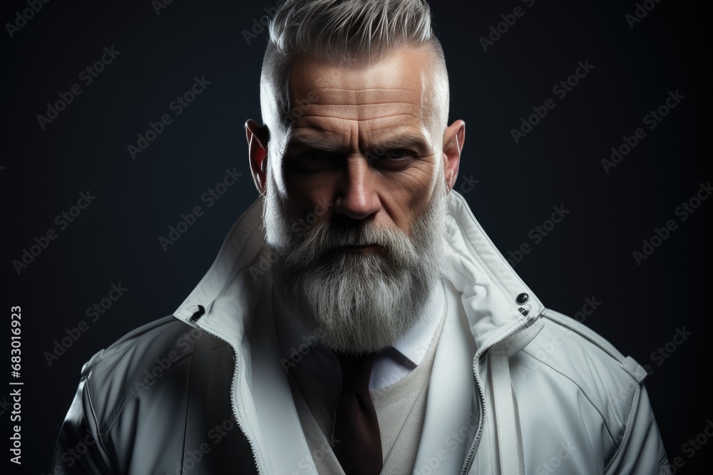 Obraz premium A man with a beard wearing a white jacket stands confidently in the photo.