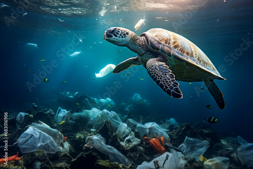 Sea turtle swims littered with plastic waste. Ocean pollution. Generative AI. photo