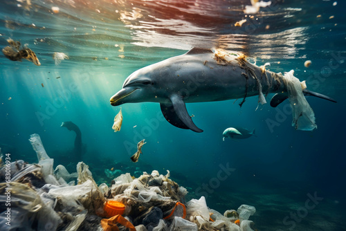 Dolphin swimming around ocean trash. Generative AI. photo