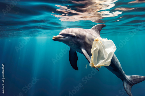 Dolphin with a plastic bag, a distressing illustration of the ongoing struggle against ocean pollution. Generative AI. photo