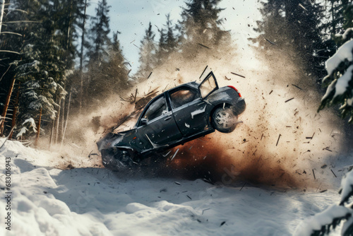 A dramatic car crash in a snowy forest with debris flying. Generative AI photo