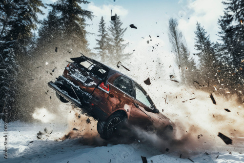 Car tumbles through a snowy landscape, debris in the air. Generative AI