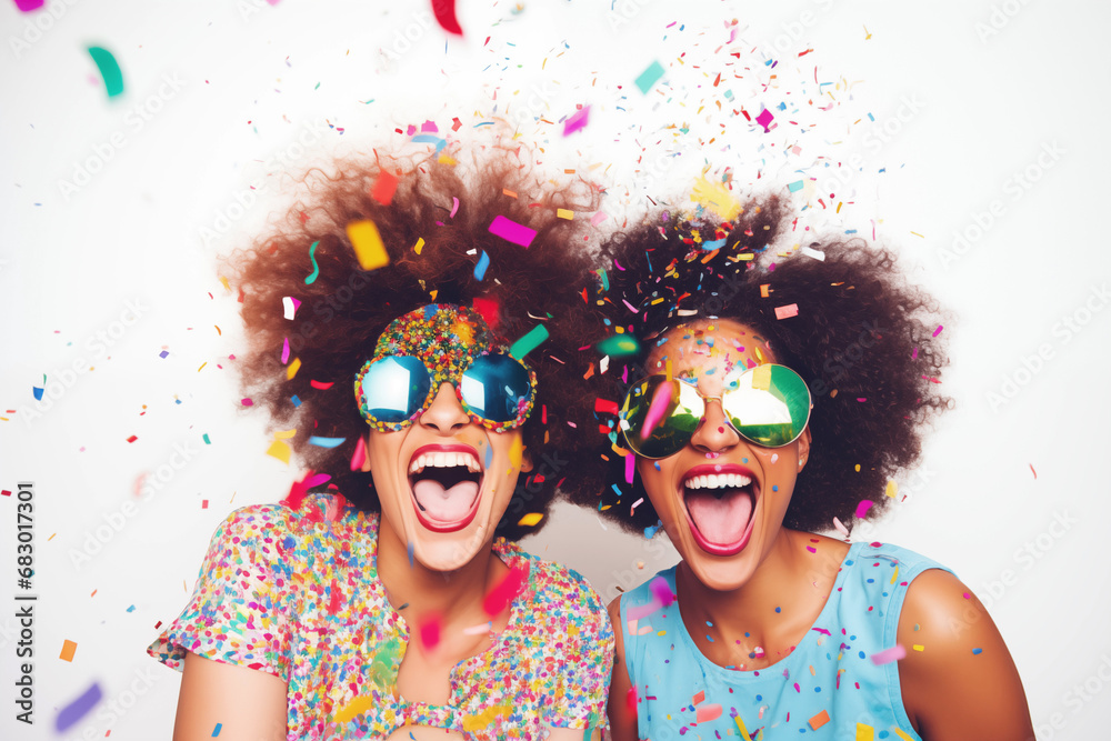 Two joyful friends in colorful attire with sunglasses laughing amidst a shower of confetti in white background. Generative AI Two joyful friends in colorful attire with sunglasses laughing amidst a shower of confetti in white background. Generative AI