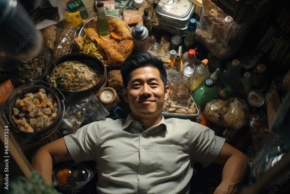 A man is seated in front of a table abundantly filled with a wide variety of food. A man is seated in front of a table abundantly filled with a wide variety of food.